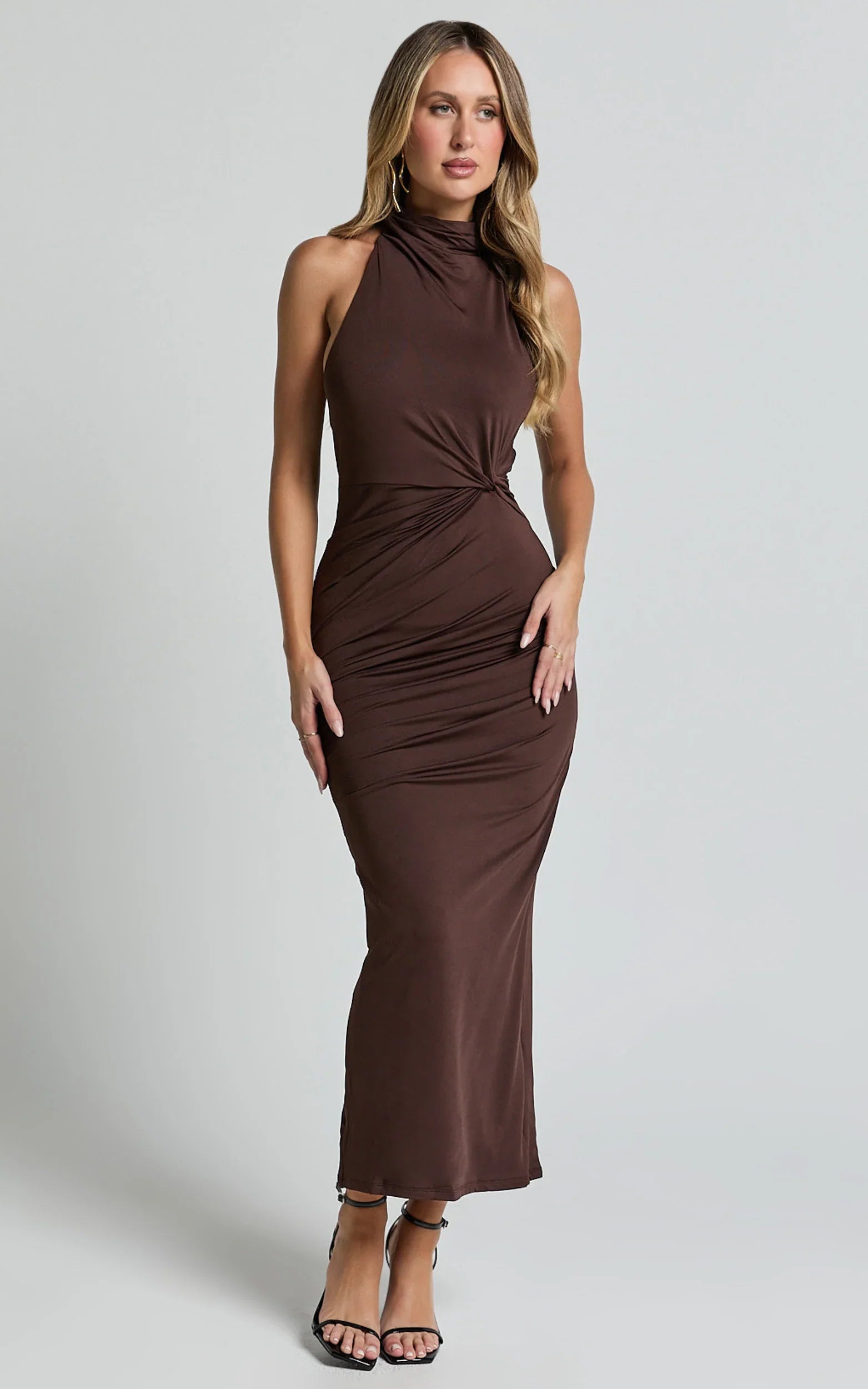 Olenna Midi Dress - Halter Neck Twist Detail Tie Back Dress in Chocolate