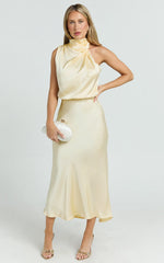 Minnie Midi Dress - Drape Neck Satin Slip Dress in Butter Yellow