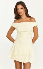 Daisy Mini Dress - Off Shoulder Ruched Pleated Skirt Dress in Cream