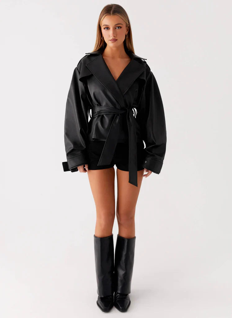 Midtown Faux Leather Trench - Black