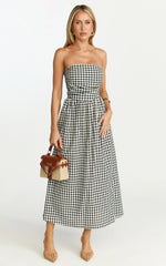 Polly Midi Dress - Strapless Ruched Dress in Black Check
