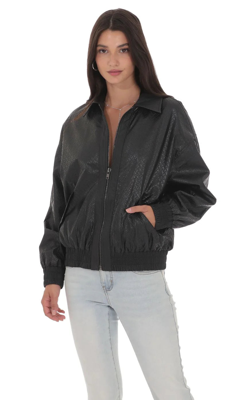 Woven Faux Leather Bomber Jacket in Black