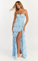 Bella Maxi Dress - Strapless Corset Bodice Lace Up Back Tiered Ruffle Dress in Soft Blue