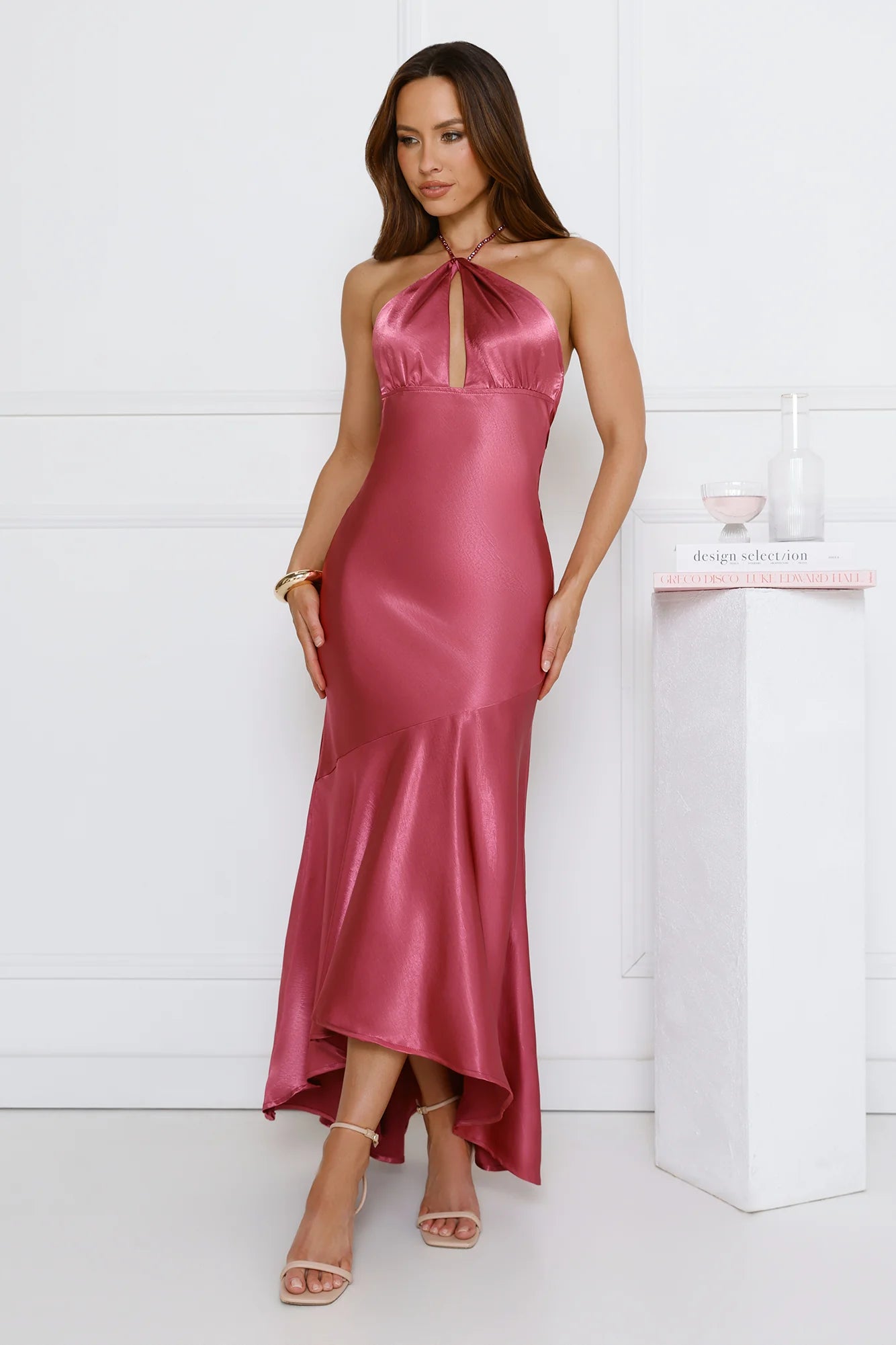 Silken Affair Halter Satin Maxi Dress Rose
