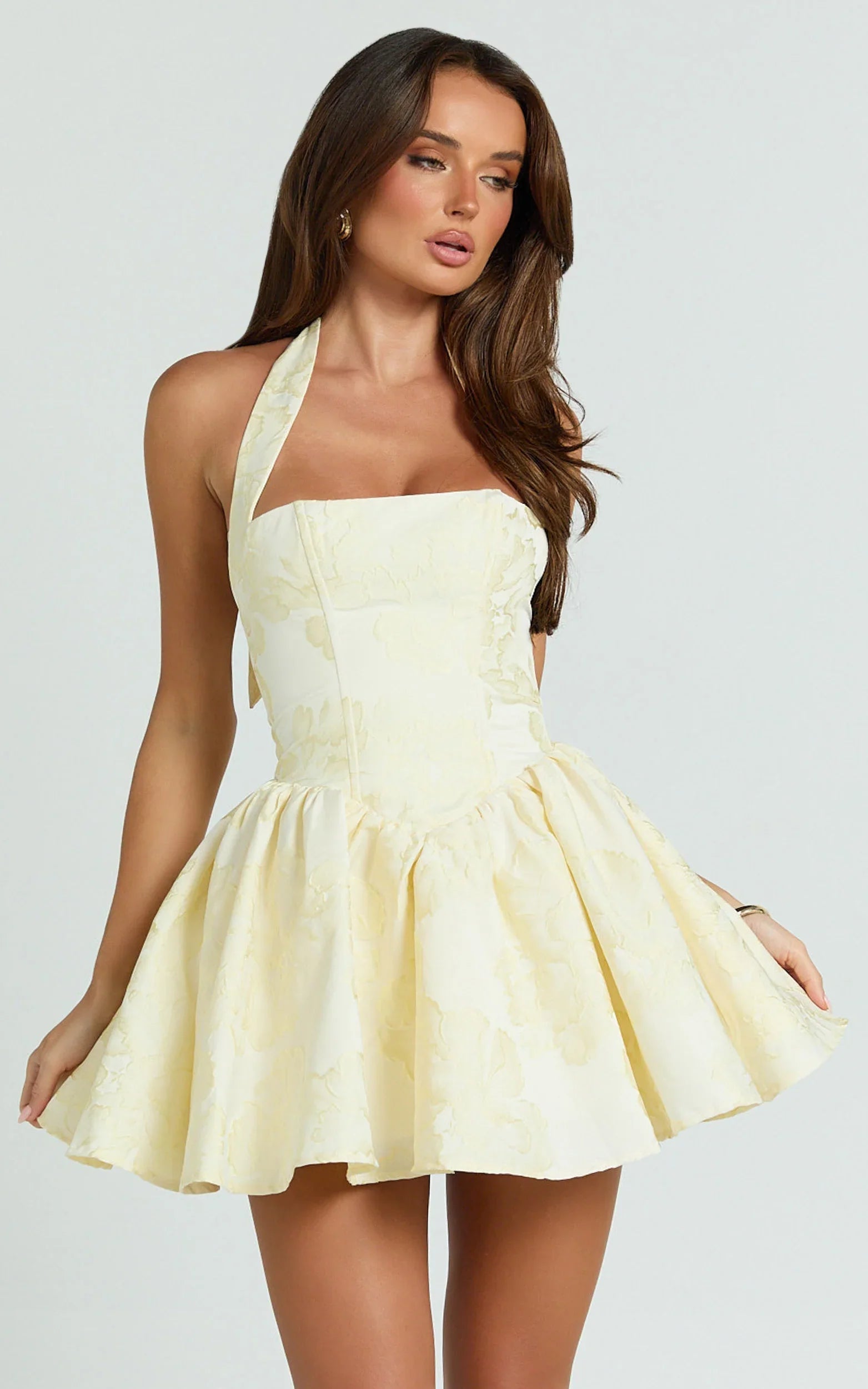 Maddy Mini Dress - Square Neck Halter Fit And Flare Dress in Lemon
