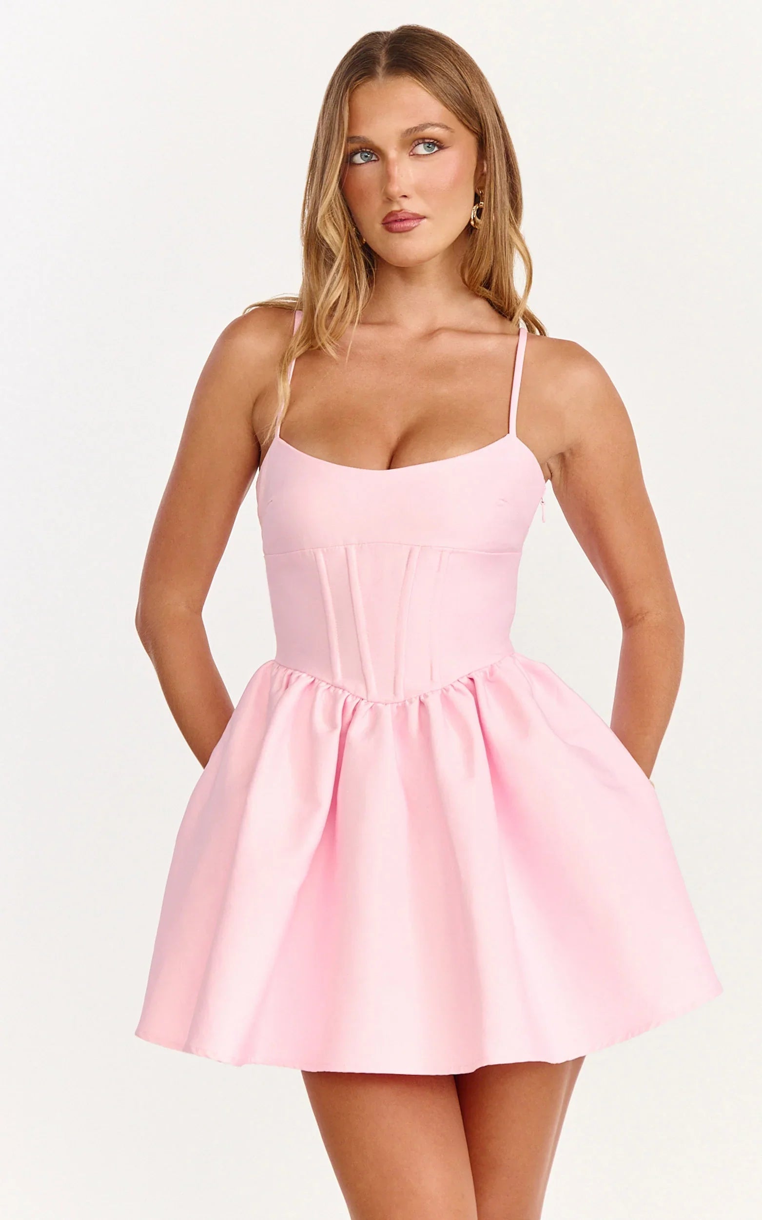 Louisa Mini Dress - Boned Bodice Lace Up Back Dress in Soft Pink