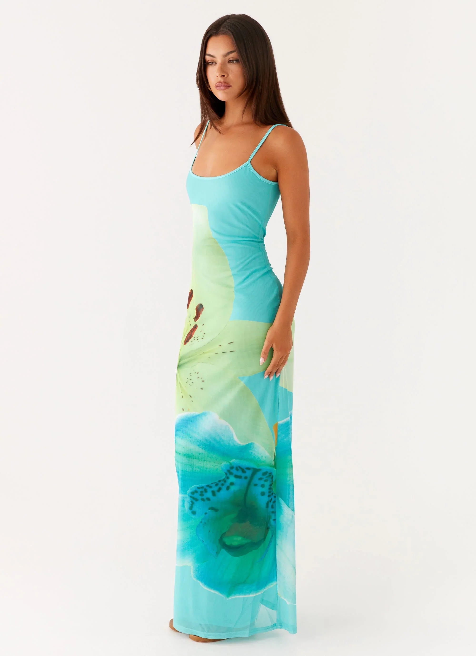 Bad News Mesh Maxi Dress - Turquoise Floral