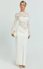 Crisanta Maxi Dress - Long Sleeve Contrast Lace Bodycon Dress in Ivory