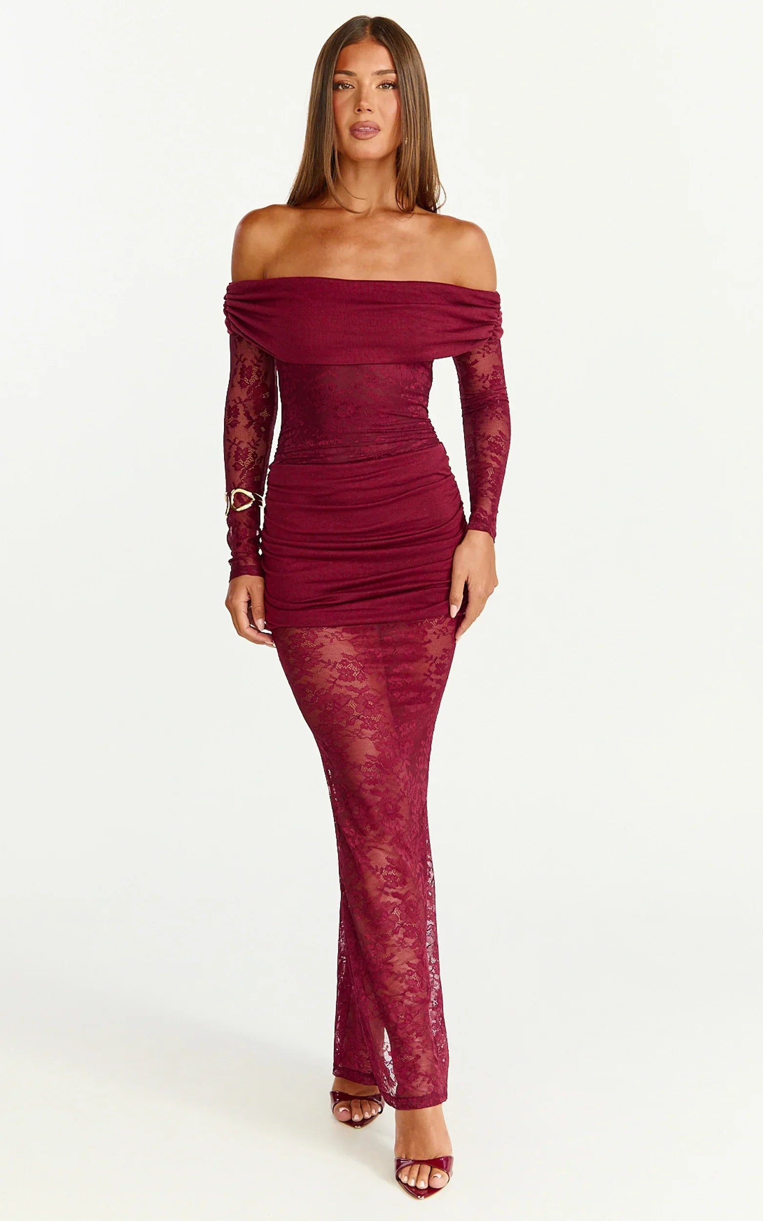 Juliet Maxi Dress - Off Shoulder Long Sleeve Ruched Overlay Lace Dress in Wine