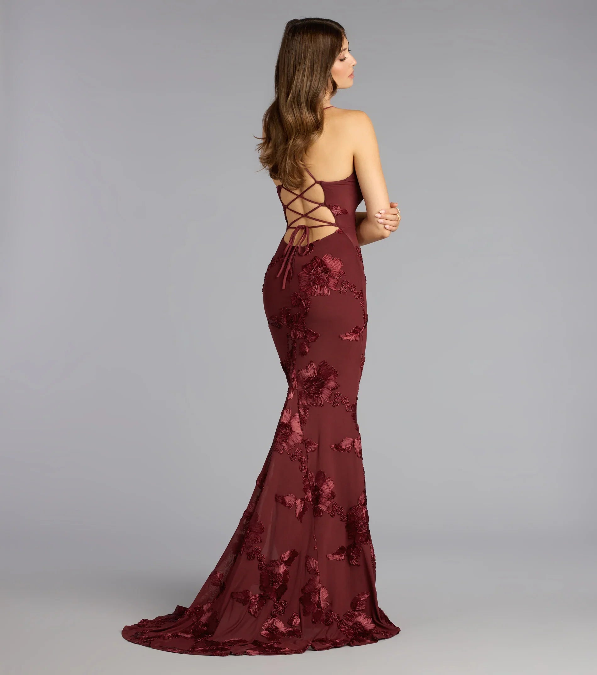 Gabi Lace-Up Floral Trim Mermaid Formal Dress