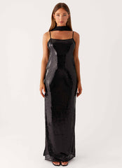 Scarf Neck Sequins Maxi Dress - Black
