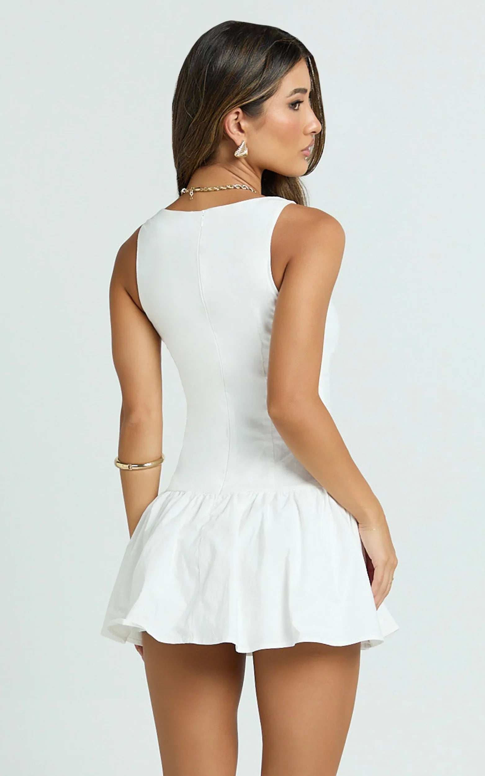 Izira Mini Dress - Boat Neck Drop Waist Shift Dress in White