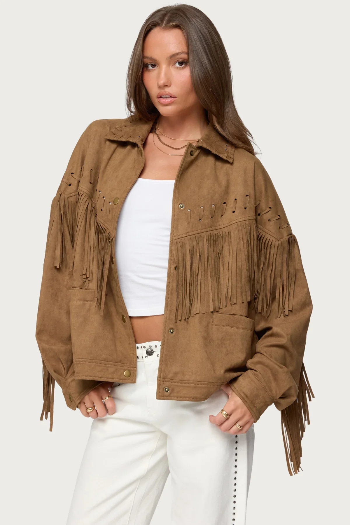 Evonka Fringe Faux Suede Jacket